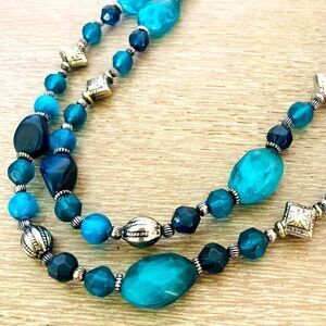 Blue Silver Beaded Long Accent Necklace
